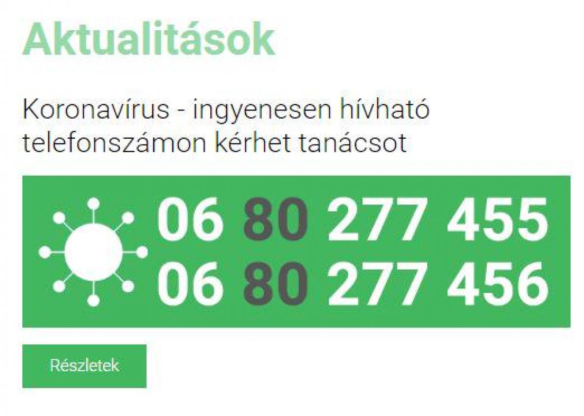A Nemzeti Népegészsügyi Központ koronavírus-járvánnyal kapcsolatban hívható zöldszámai