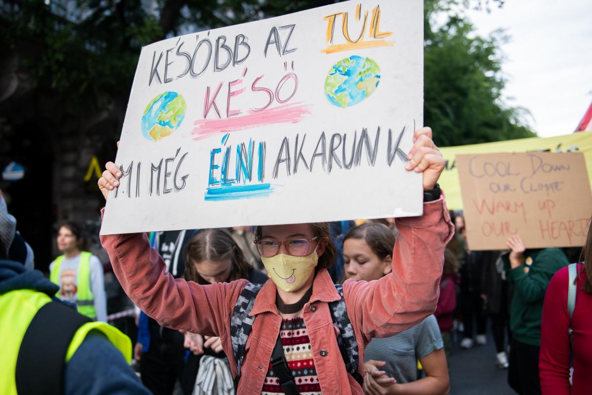 2021. szeptember 24. Fridays for Future-demonstráció Budapesten. A 2010-es évek második felétől világszerte rengeteg tüntetést tartottak a szennyezések ellen