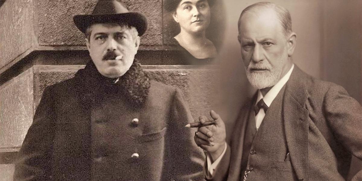 Bródy Sándor író (balra), szeretője, Ehrenthal Regina, alias Erdős Renée író-költő és Sigmund Freud