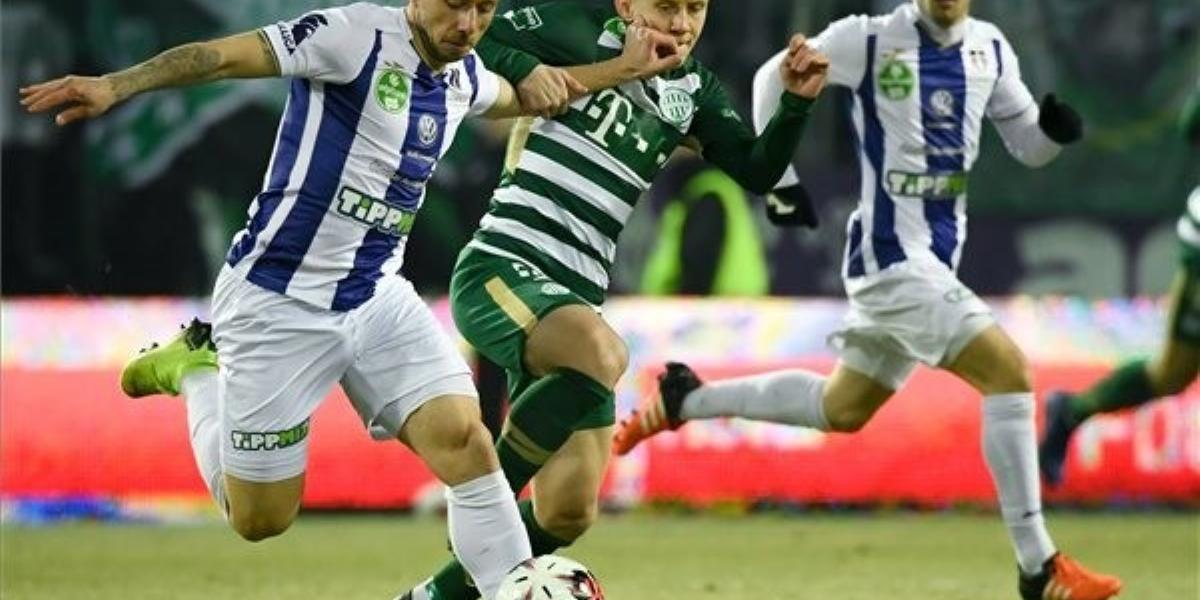 Az újpesti Branko Pauljevic és ferencvárosi Ivan Petrjak a labdarúgó OTP Bank Liga 20. fordulójában játszott Újpest FC - Ferencv