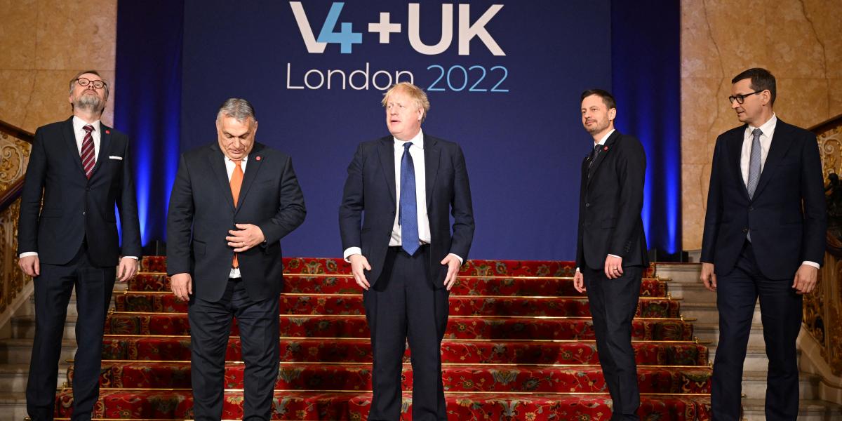 A V4 miniszterelnökeinek találkozója Boris Johnson brit kormányfővel Londonban 2022. március 8-án