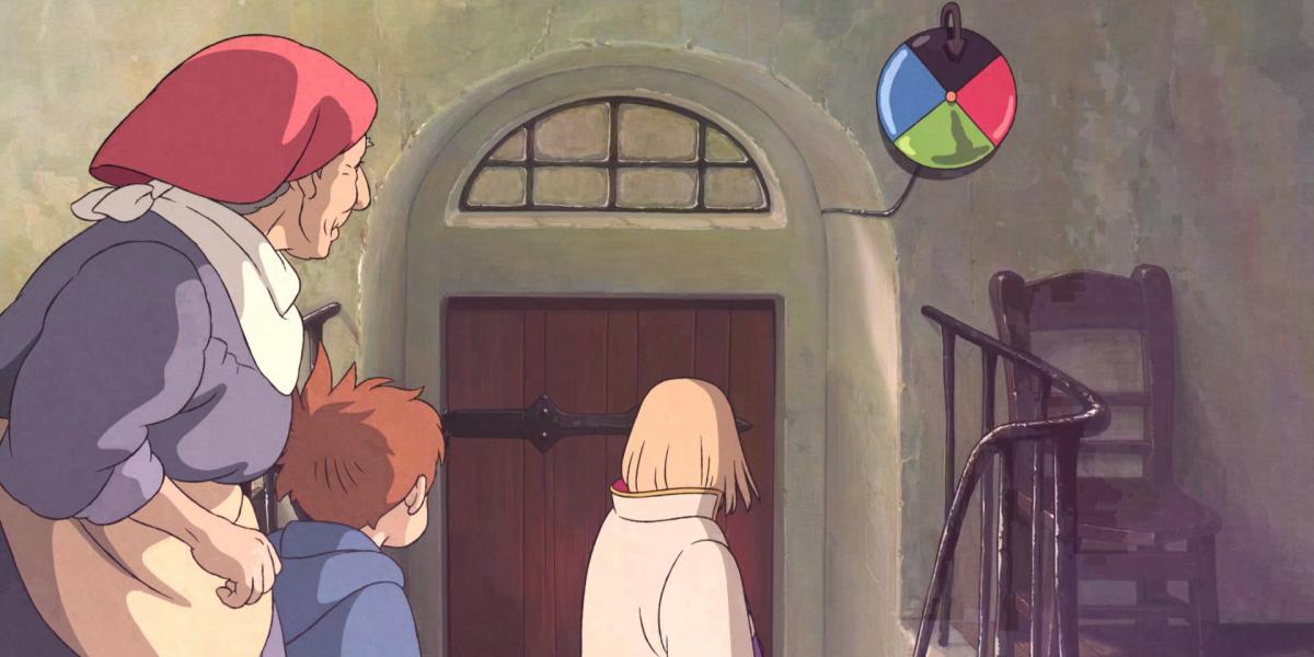 Jelenet Miyazaki Hayao A vándorló palota című filmjéből, a színes ajtótárcsa különböző világokat képes megnyitni