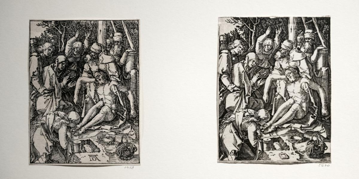 Albrecht Dürer (balra) és Marcantonio Raimondi (jobbra): Kis passió sorozat, Krisztus siratása (1509−11, illetve 1511−15 körül)