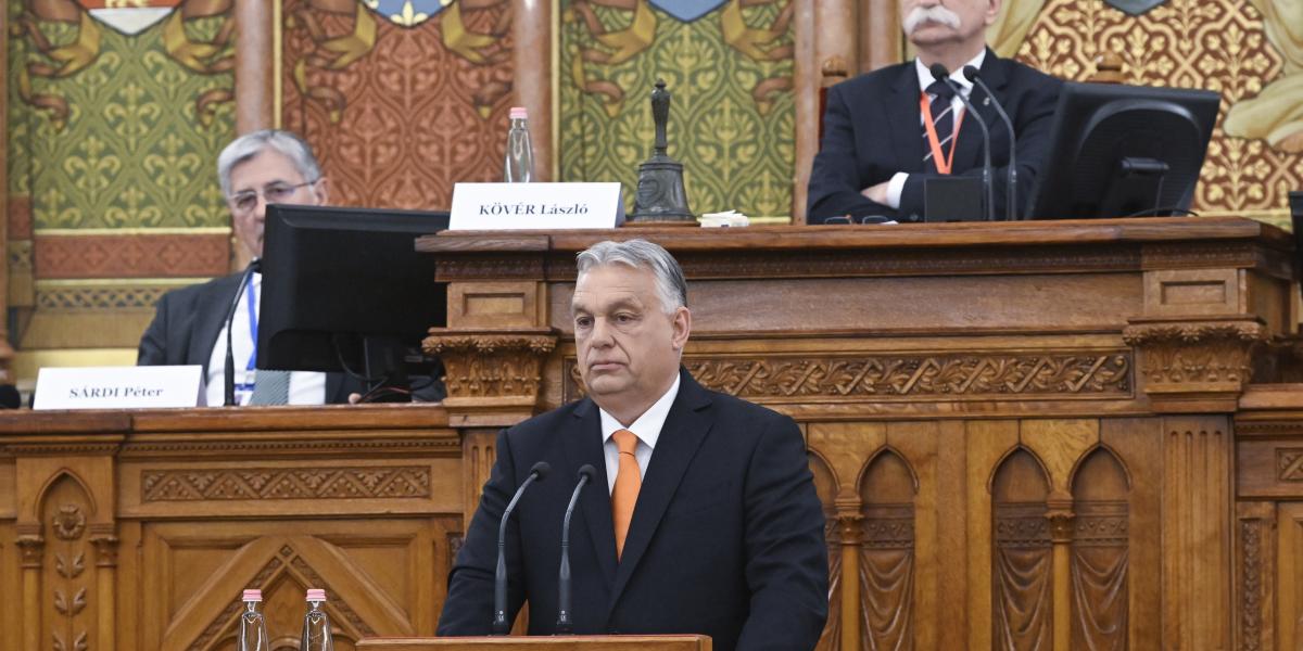 Orbán Viktor miniszterelnök beszédet mond az EU parlamenti elnökeinek konferenciáján 2025. május 12-én.