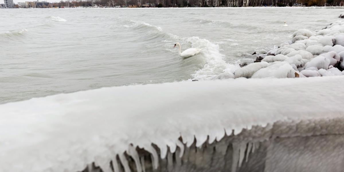 Vastag jégpáncél borítja a siófoki mólót a Balaton partján 2014. december 29-én. MTI Fotó: Mohai Balázs