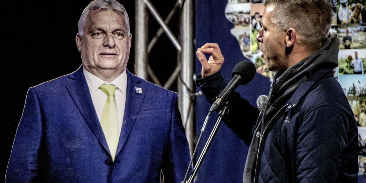 Magyar Péter a miniszterelnök kartonfigurájával. Elbeszélnek egymás mellett