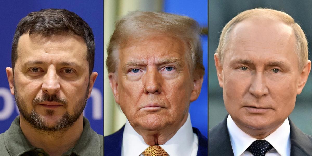 Volodimir Zelenszkij ukrán, Donald Trump amerikai és Vlagyimir Putyin orosz elnök.