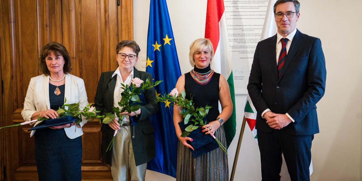 Janotti Judit, N. Kósa Judit, Varga Piroska és Karácsony Gergely a Ráday Mihály-díj átadásán Budapesten június 11-én 