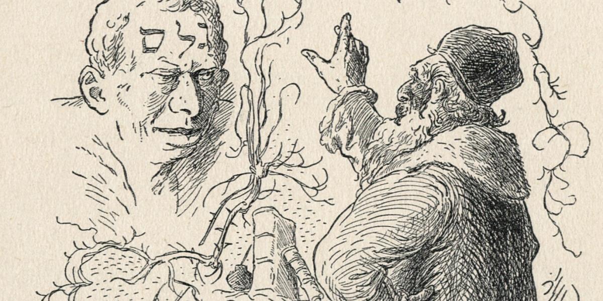 Mikoláš Aleš neves cseh festő és illusztrátor 1899-ben készítette el híres rajzát, amely a prágai Löw rabbit és az általa életre keltett Gólemet ábrázolja