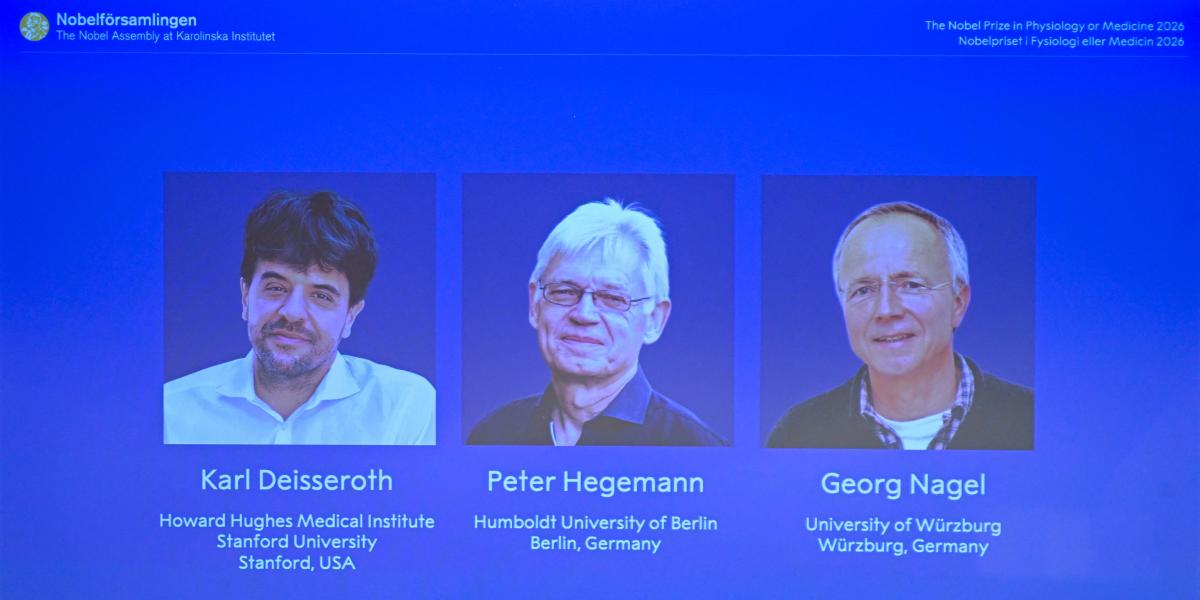 Az amerikai Karl Deisseroth, illetve a német Peter Hegemann  és Georg Nagel arcképe a kivetítőn a hétfői bejelentés után