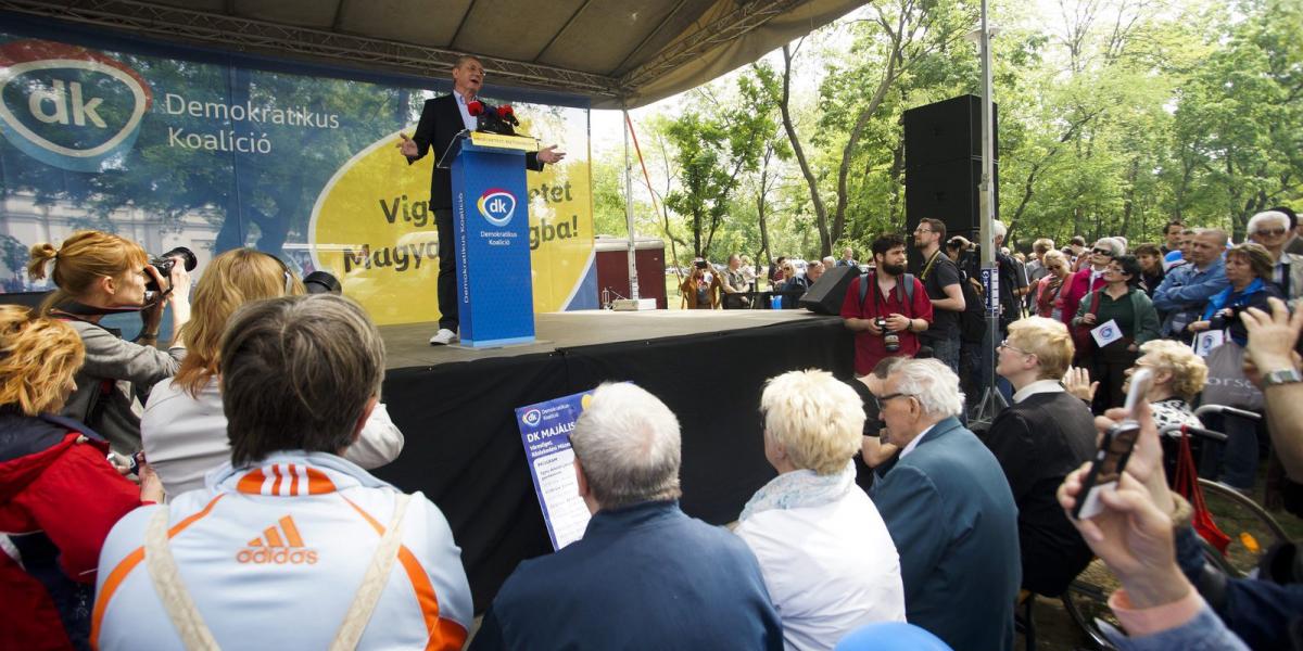 Gyurcsány Ferenc, a Demokratikus Koalíció (DK) elnöke beszédet mond a párt majálisán a budapesti Városligetben 2015. május 1-jén