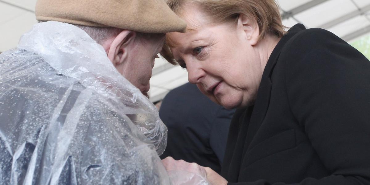 Angela Merkel a dachaui náci koncentrációs tábor felszabadításának 70. évfordulója alkalmából rendezett megemlékezésen. FOTÓ: Al