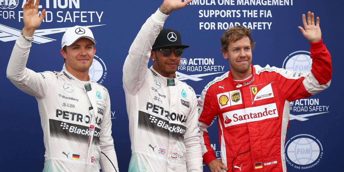 A dobogó legnagyobb esélyesei: Nico Rosberg, Lewis Hamilton és
Sebastian Vettel FOTÓ: EUROPRESS/GETTY IMAGES/PAUL GILHAM