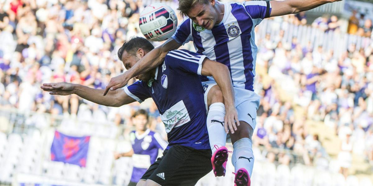 Az újpesti Balogh Balázs és a békéscsabai Spitzmüller István az OTP Liga 3. fordulójában játszott Újpest - Békéscsaba bajnoki la