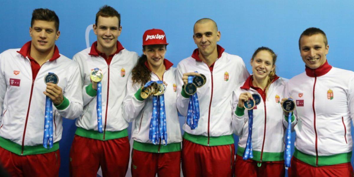 Érmeseink (balról jobbra): Gyurta Dániel, Bernek Péter, Hosszú Katinka, Cseh László, Kapás Boglárka és Verrasztó Dávid FOTÓ: MUS