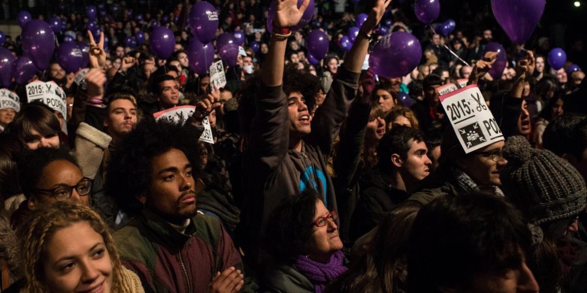 A Podemos hívei lila lufikkal ünnepeltek FOTÓ: EUROPRESS/GETTY IMAGES/DAVID RAMOS