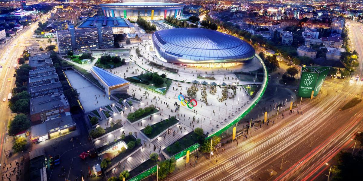 A labdarúgótorna mérkőzéseinek helyet adó Puskás Ferenc Stadion (hátul középen), a kosárlabda-mérkőzések helyszíne a Papp László