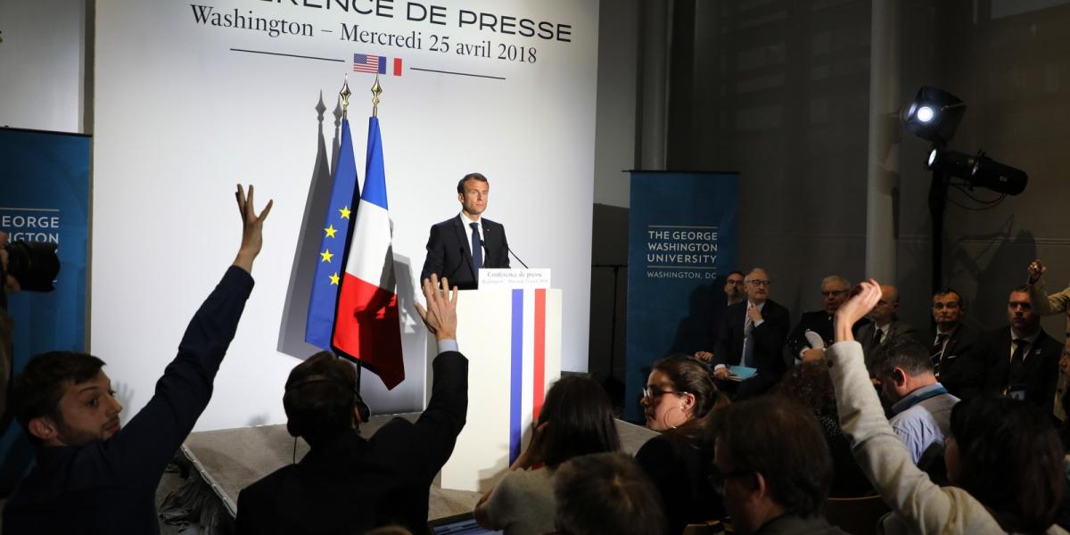 Macron egy szerdai washingtoni sajtótájékoztatón. Fotó: Ludovic MARIN / AFP