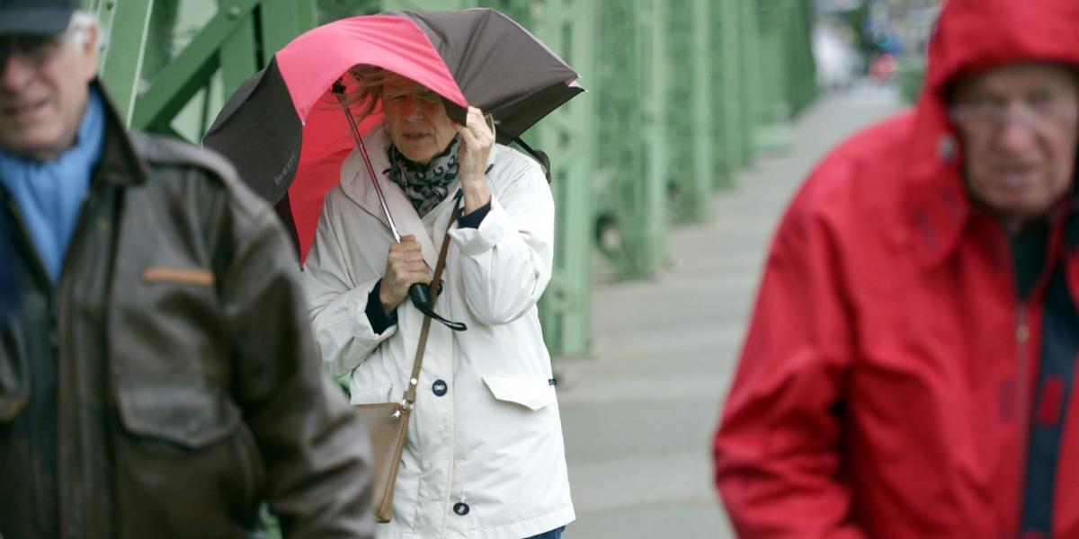 Turisták az erős szélben Budapesten a Szabadság hídon. MTI Fotó Beliczay László