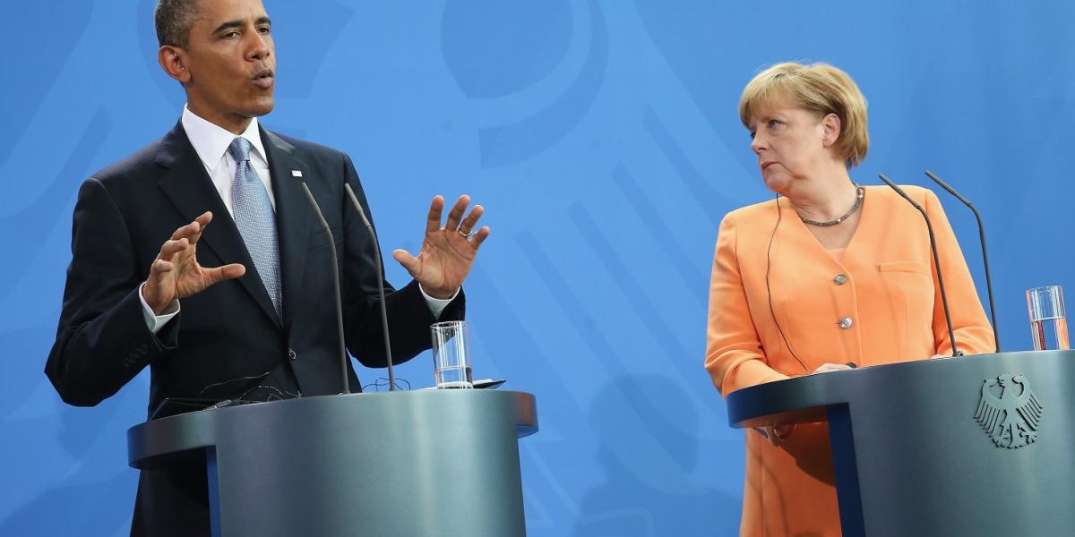 Obama amerikai elnök és Merkel német kancellár: a kémkedési vita ellenére a szerződés a cél FOTÓ: EUROPRESS/GETTY IMAGES/SEAN GA