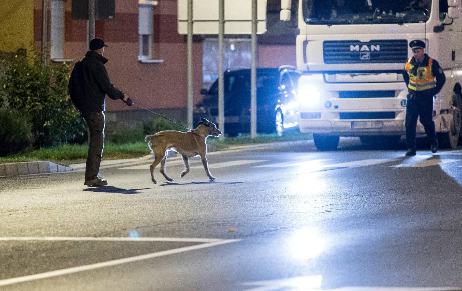 Rendőrök keresőkutyával a Győr-Moson-Sopron megyei Vitnyédnél, ahol öngyilkos lett egy felfegyverkezett embercsempész 2020. október 26-án