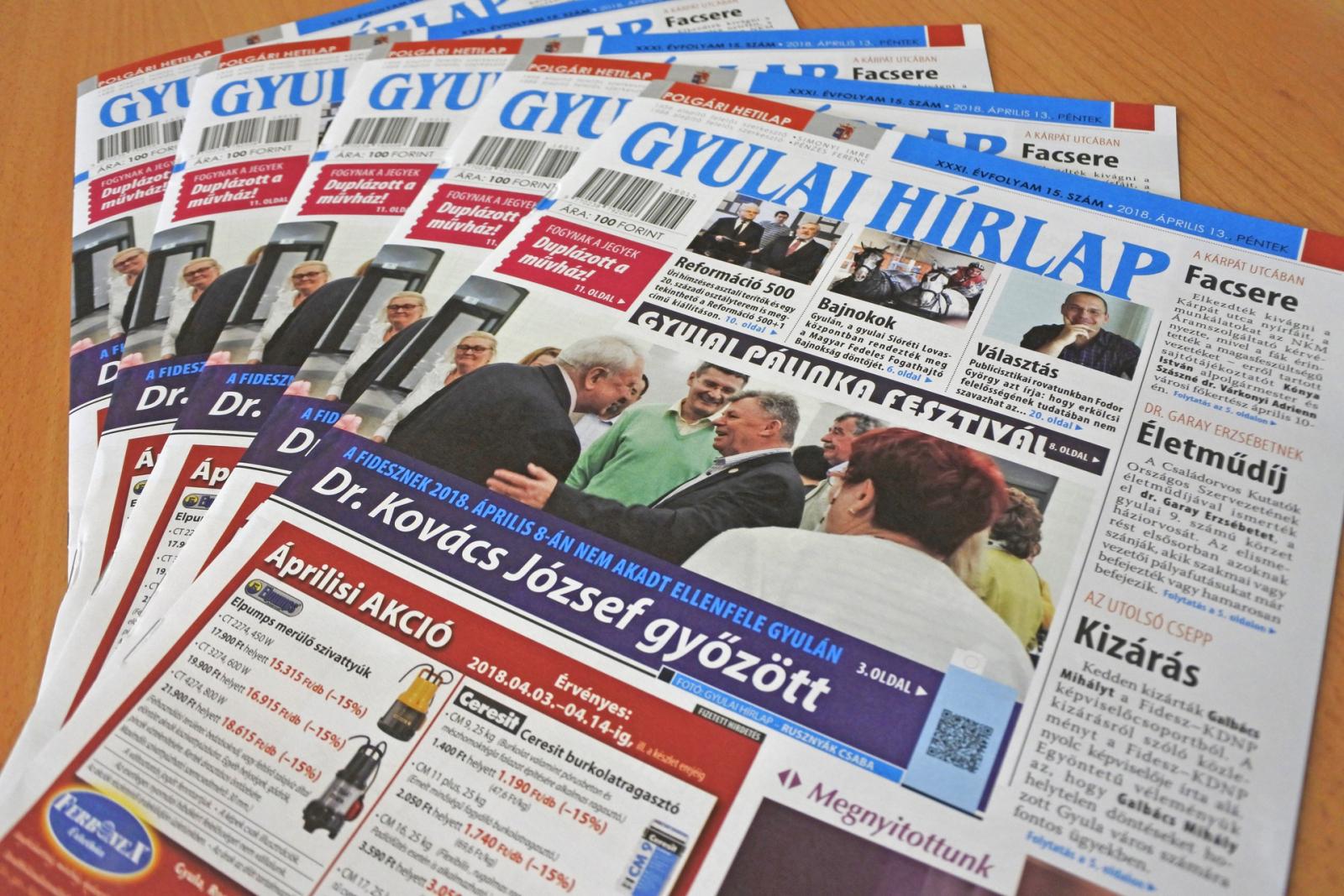 A hetilapnak nevezett
kormánypárti
propagandakiadvány,
a
Gyulai Hírlap