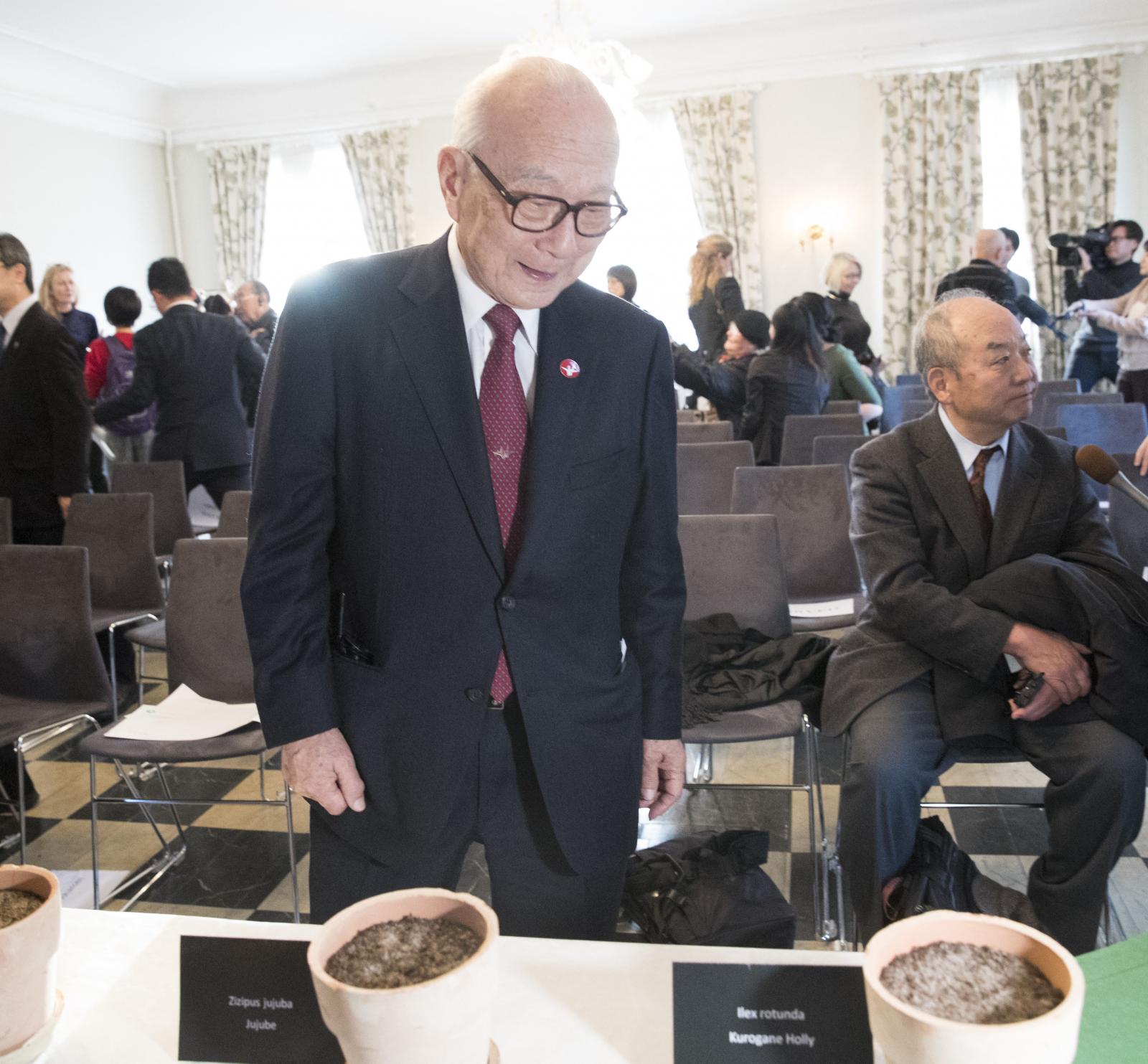 A Nihon Hidankjo főtitkára, Tanaka Terumi a norvég Természettudományi Múzeumban elültetett „békemagvak” felett 2017-ben. Ezeket a magvakat az 1945-ös atomtámadást túlélő fákról gyűjtötték be Hirosimában 