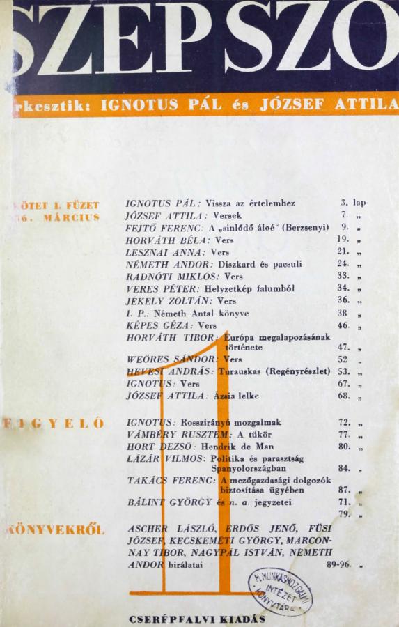A Szép Szó első, 1936 márciusában megjelent száma – a szerkesztők koruk új, számukra ígéretes politikai fejleményét, a francia Népfrontot tekintették követendő példának