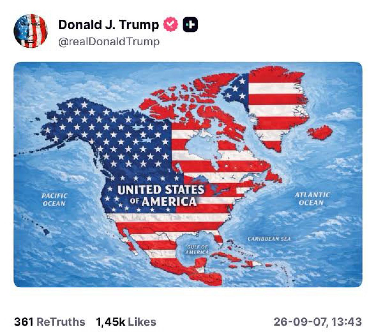 Trump legújabb „térképén” Kanada az Egyesült Államokhoz tartozik (több más szuverén állammal együtt) 