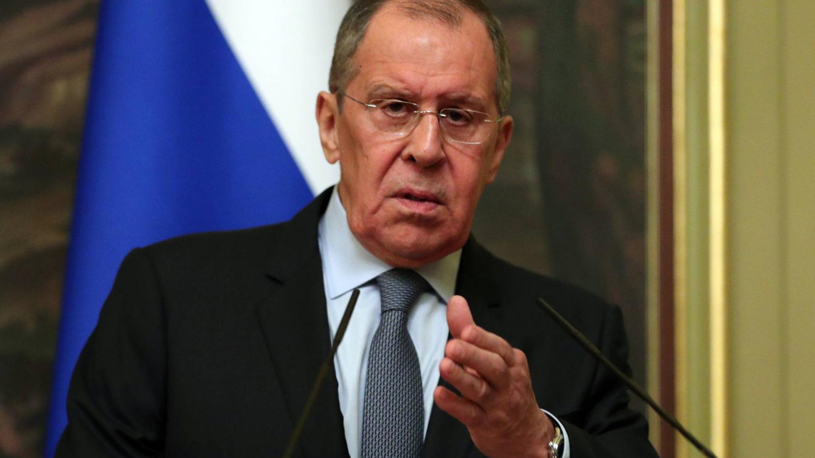 Szergej Lavrov orosz külügyminiszter egy moszkvai sajtókonferencián, 2020. augusztus 11-én