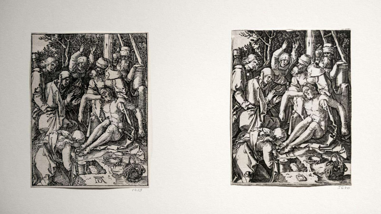 Albrecht Dürer (balra) és Marcantonio Raimondi (jobbra): Kis passió sorozat, Krisztus siratása (1509−11, illetve 1511−15 körül)