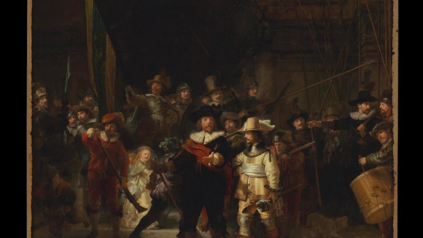 Rembrandt Éjjeli őrjárat című festménye, a két főalak Frans Banning Cocq kapitány (b) és Willem van Ruytenburch hadnagy (j). A járőrcsapat címerére utaló aranyruhás fiatal nő mögötti alak középtájt feltehetően a festő önábrázolása