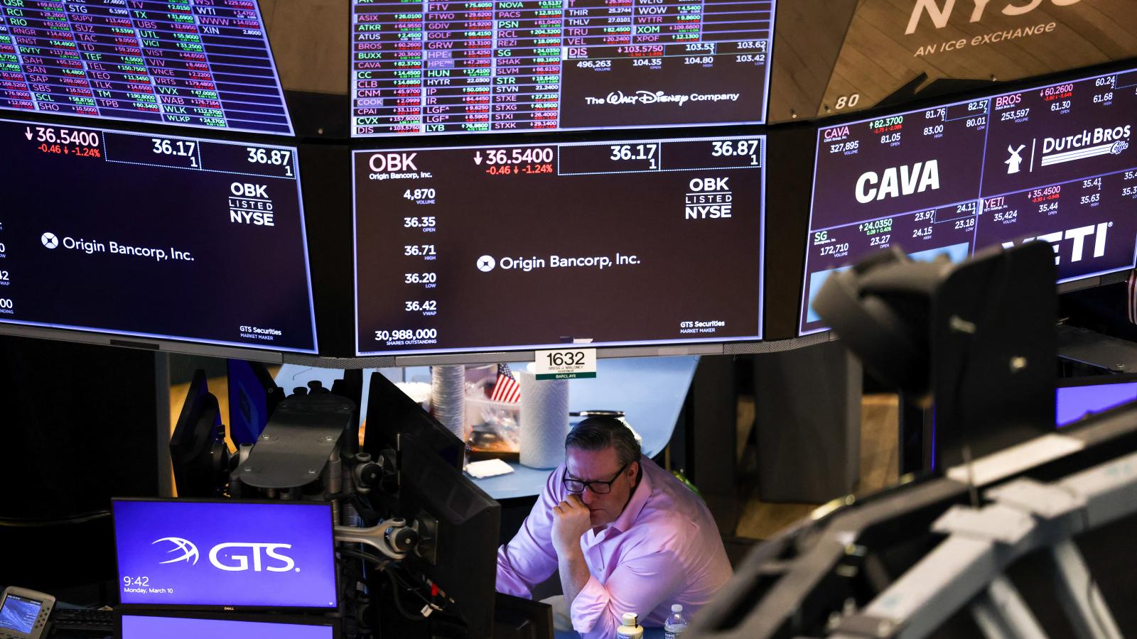  A trader works on the floor of the New York Stock Exchange (NYSE) at the opening bell in New York City on March 10, 2025. 