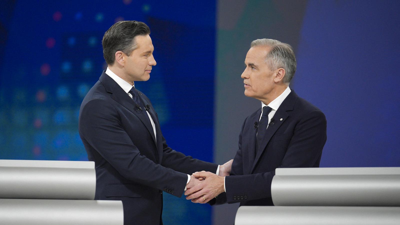 Pierre Poilievre és Mark Carney egy április 17-i televíziós vita után
