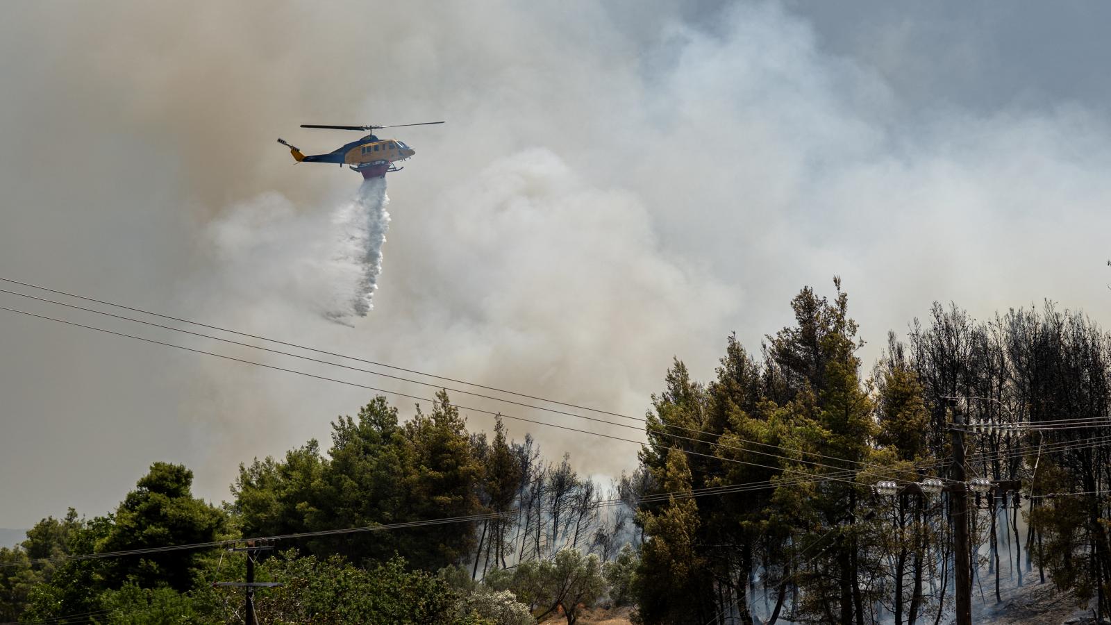 Tűzoltó helikopter Psachna közelében, Evia (Euboea) szigetén Görögországban 2025. július 27-én.