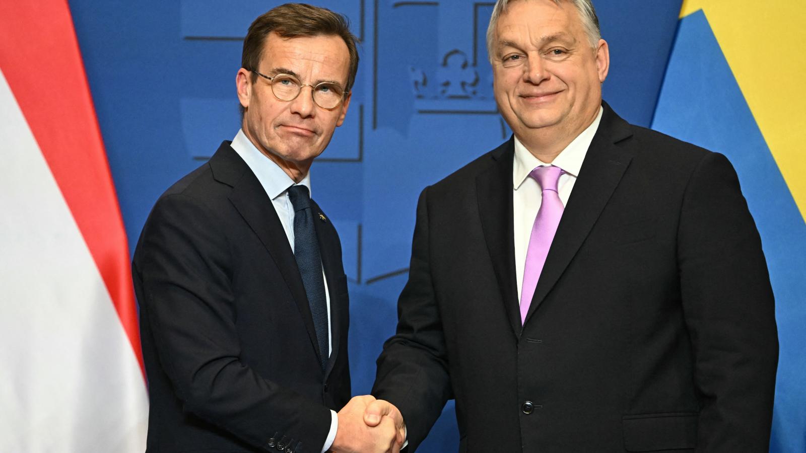 Ulf Kristersson svéd és Orbán Viktor magyar miniszterelnök a Karmelitában 2024. február 23-án.
