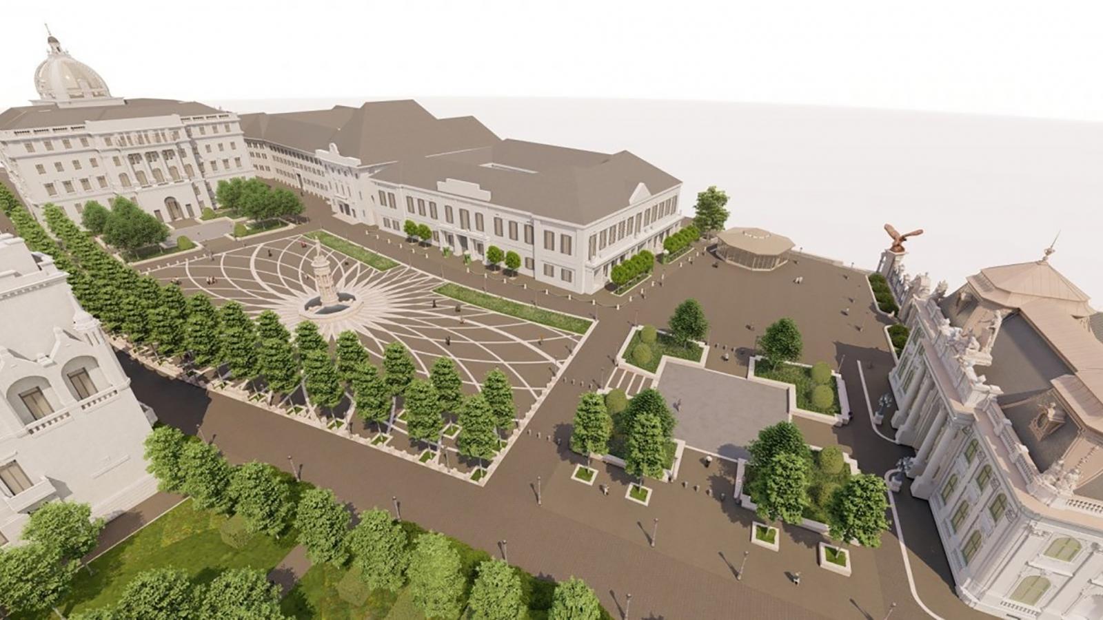 OPTIMALIZÁLT TÖRTÉNELEM (felül) – Az épülő Szent György tér a Nemzeti Hauszmann Program látványtervén.

DOKUMENTÁLT TÖRTÉNELEM (alul) – A Szent György utca a Várszínházzal (a Miniszterelnökségnek helyet adó egykori Karmelita kolostor) és Sándor-palotával 