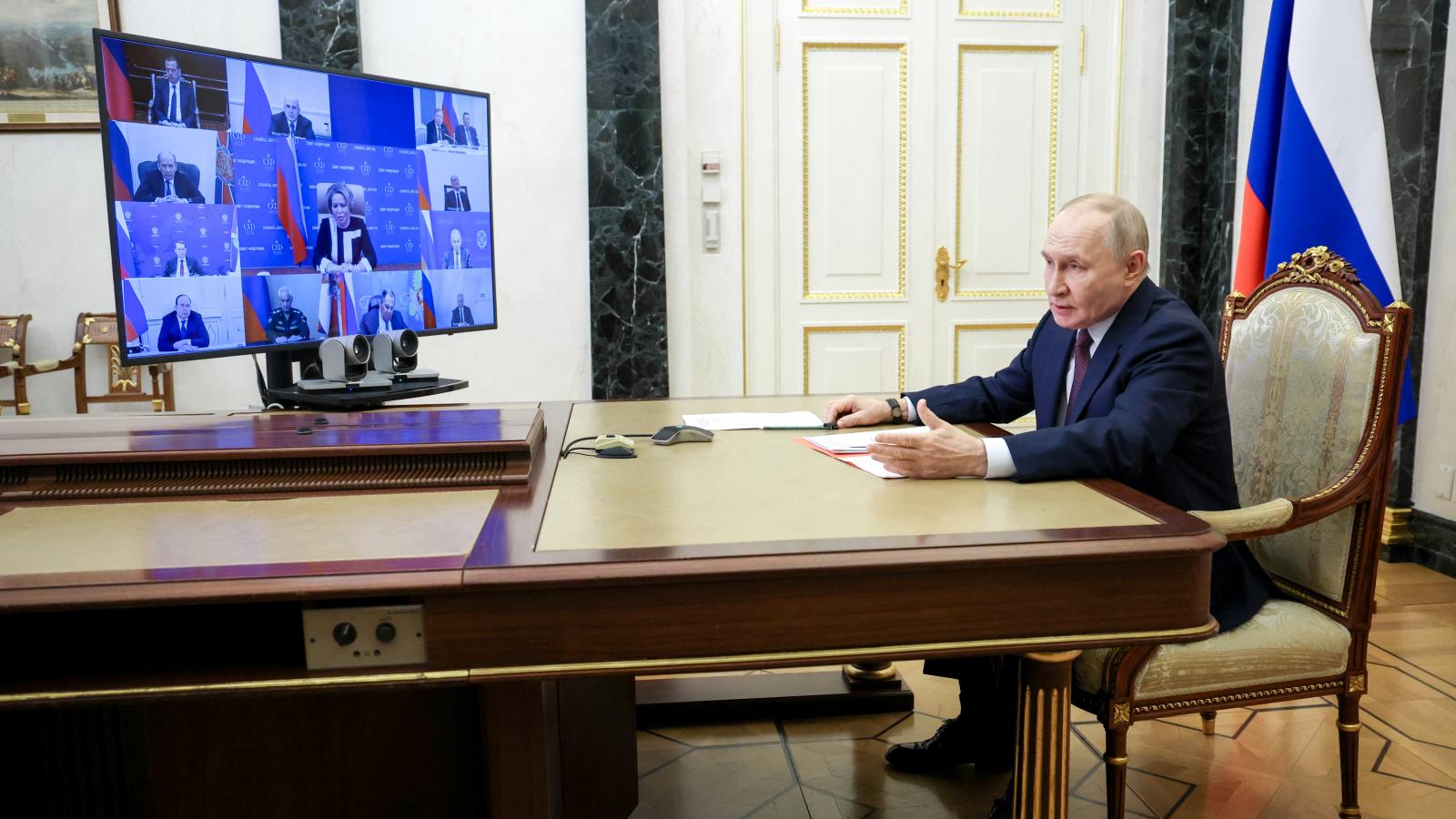 Vlagyimir Putyin orosz elnök a Biztonsági Tanács ülésén, 2026. január 21-én.