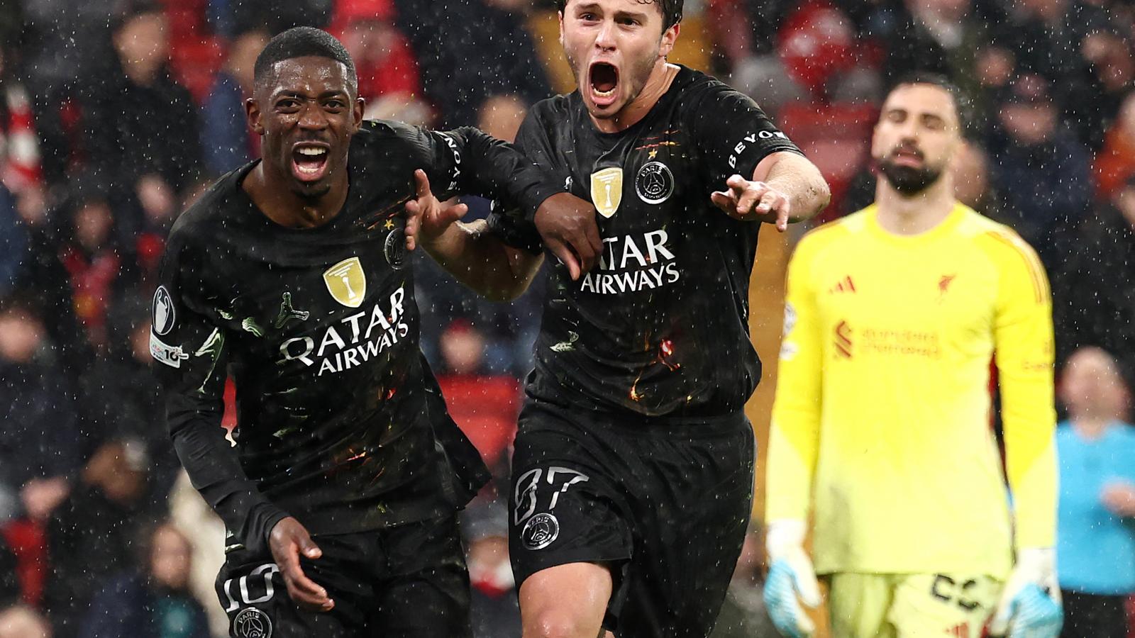 Ousmane Dembélé és Joao Neves örülnek a PSG góljának. A BL címvédője összesen 44-szer vette be a riválisok kapuját az idei kiírásban