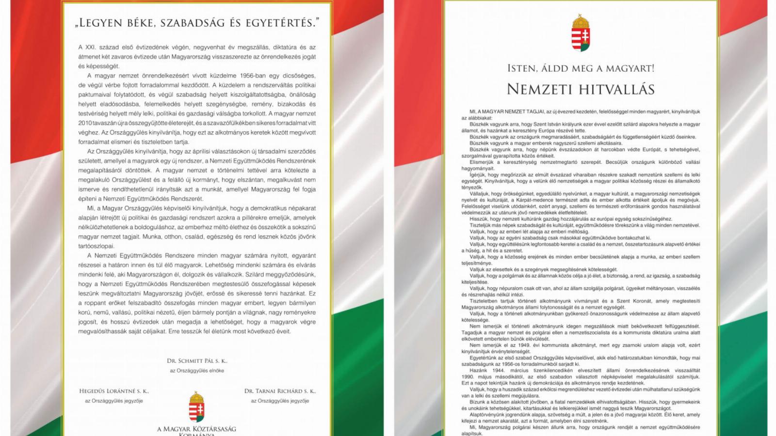 A Nemzeti Együttműködés Nyilatkozata és a Nemzeti Hitvallás