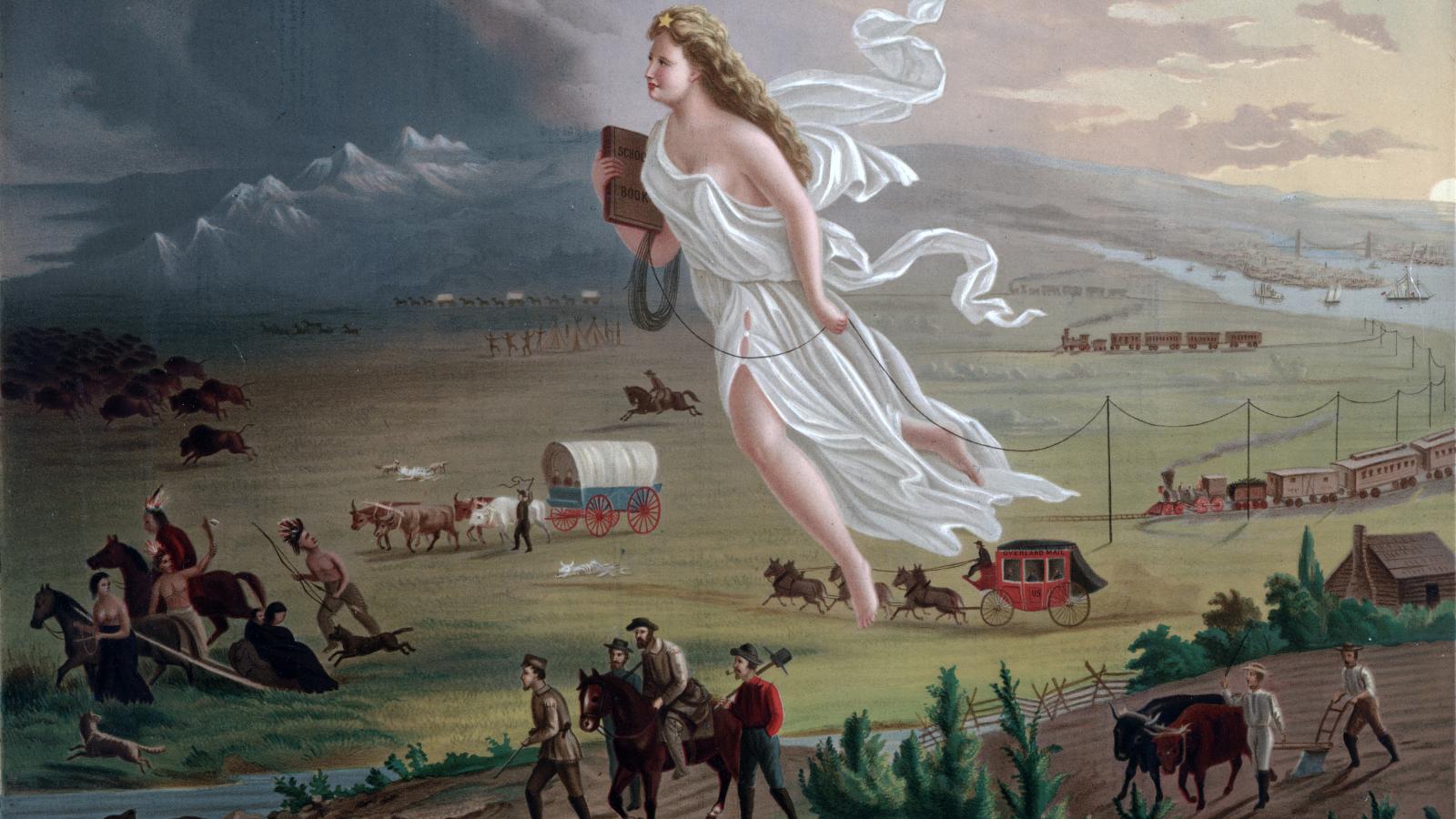 A „Manifest
Destiny” John
Gast festményén
(1872) Ez az
ideológia isteni
küldetésként,
a civilizáció
diadalmeneteként
mutatta
be a kontinens
erőszakos birtokbavételét