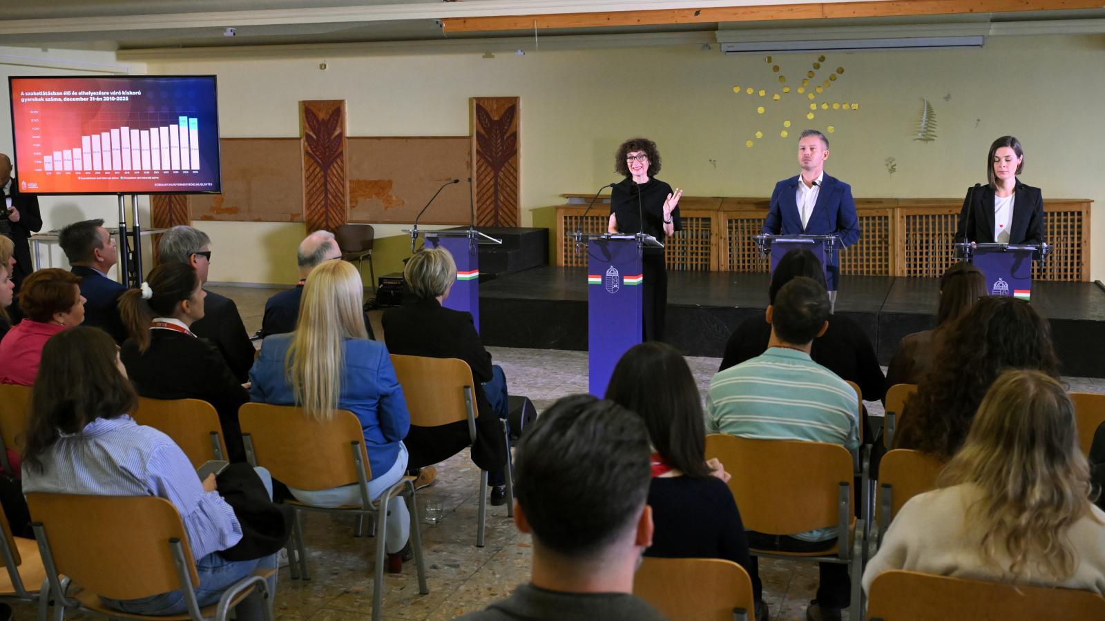 Gyurkó Szilvia, a Szociális és Családügyi Minisztérium gyermekjogi és gyermekvédelmi államtitkára, Magyar Péter miniszterelnök és Szondi Vanda kormányszóvivő a gyermekvédelmi rendszer működéséről készített jelentést ismertető sajtótájékoztatón