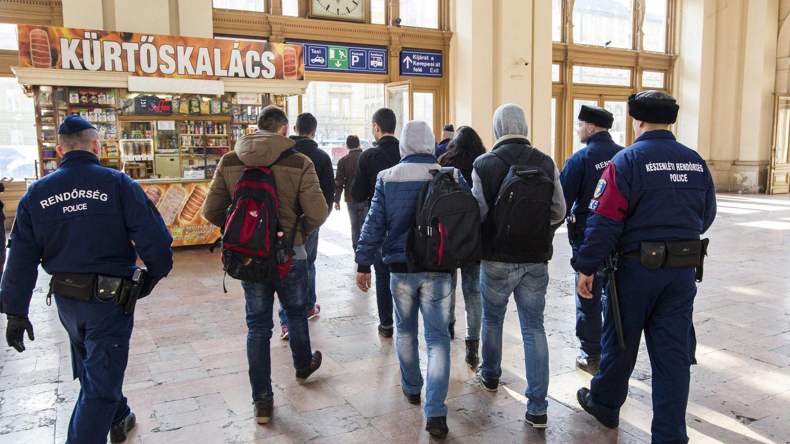 Intézkedő rendőrök elviszik a Keleti pályaudvarról a  vélhetően koszovói állampolgárságú határsértőket 2015. február 5-én. MTI F