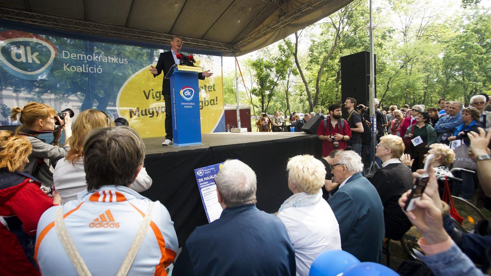 Gyurcsány Ferenc, a Demokratikus Koalíció (DK) elnöke beszédet mond a párt majálisán a budapesti Városligetben 2015. május 1-jén