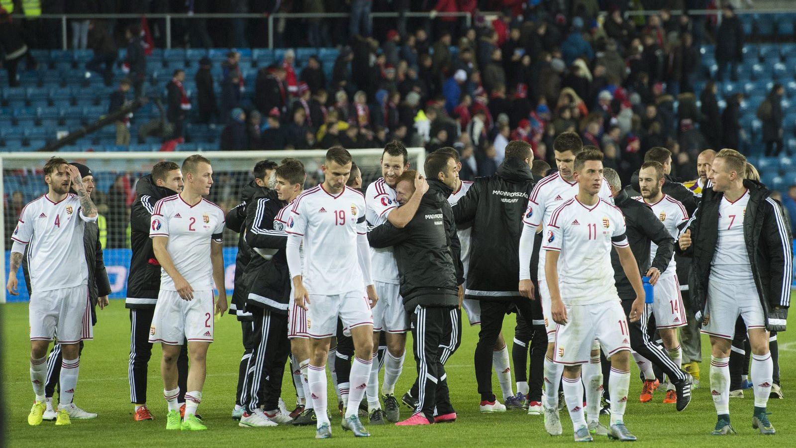 A magyar válogatott játékosai ünneplik győzelmüket az oslói Ullevaal Stadionban 2015. november 12-én. Magyarország 1-0-ra győzöt