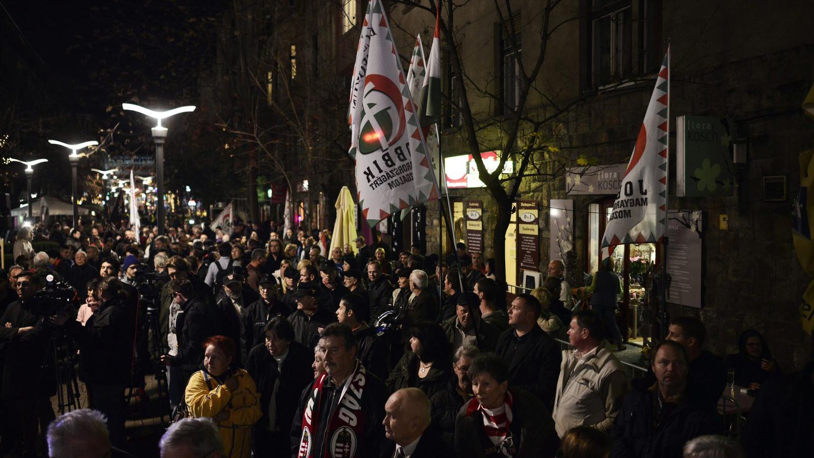 Résztvevők a Jobbik demonstrációján, amelyet Nem akarunk bevándorlást! Nem akarunk terrorizmust! címmel tartanak az Európai Bizo