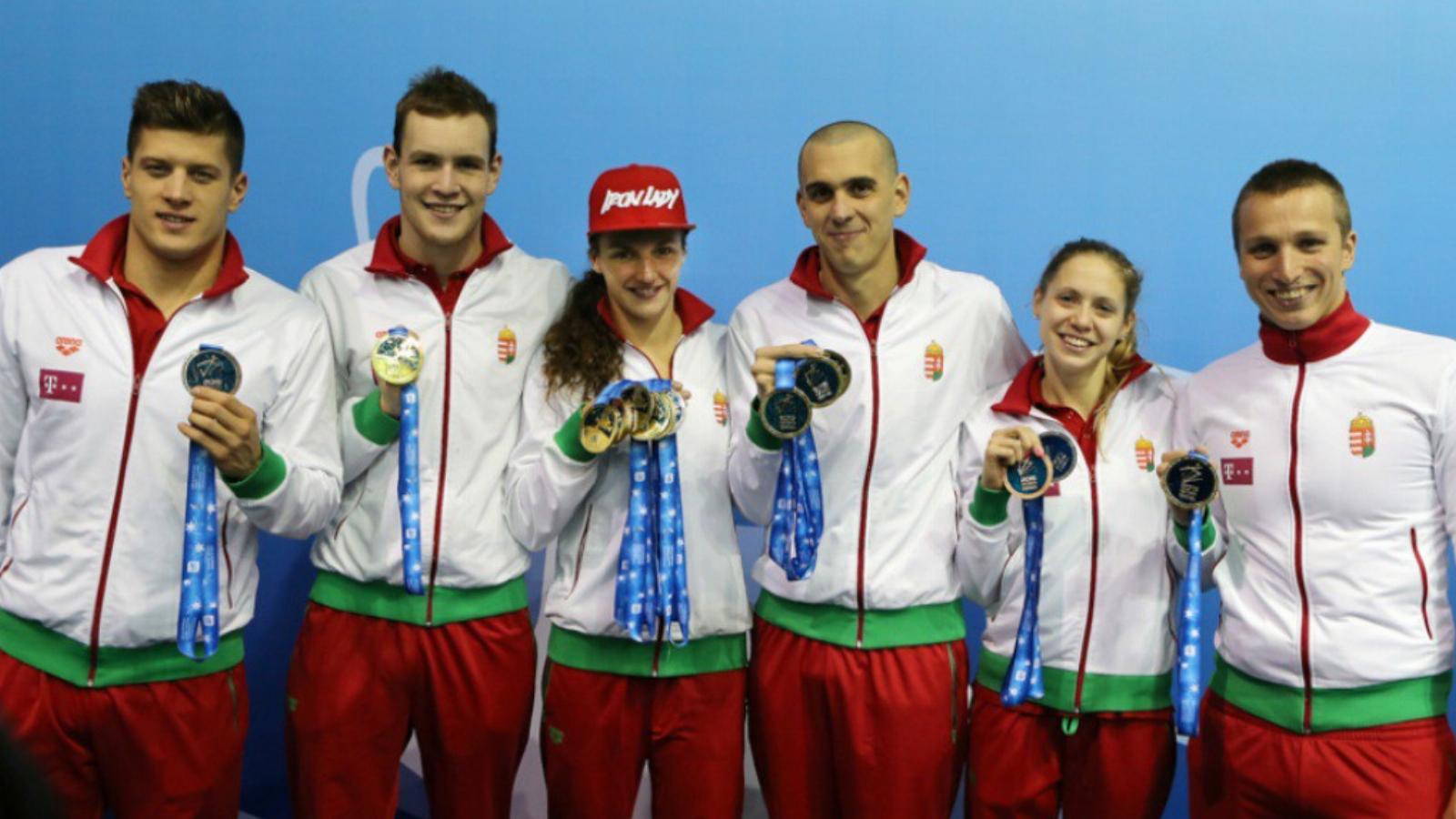 Érmeseink (balról jobbra): Gyurta Dániel, Bernek Péter, Hosszú Katinka, Cseh László, Kapás Boglárka és Verrasztó Dávid FOTÓ: MUS