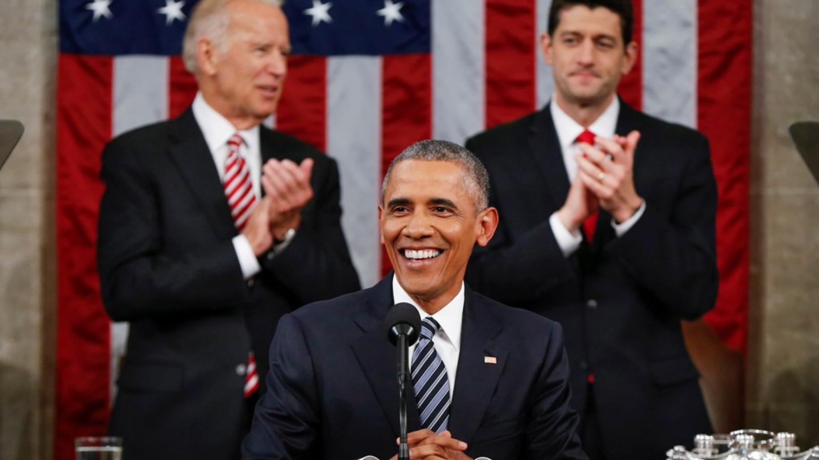 Obama lendületes beszédet mondott. A háttérben Joe Biden alelnök és Paul Ryan házelnök tapsol FOTÓ: EUROPRESS/GETTY IMAGES