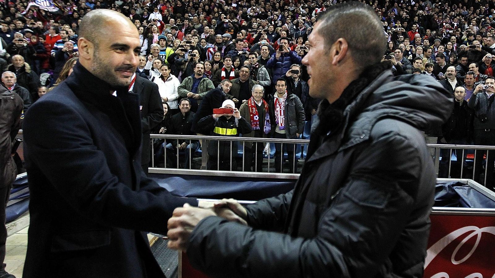 Josep Guardiola (balra) a Diego Simeone (jobbra) vezette Atlético ellen készítheti fel a Bayernt FOTÓ: EUROPRESS/GETTY IMAGES/AN