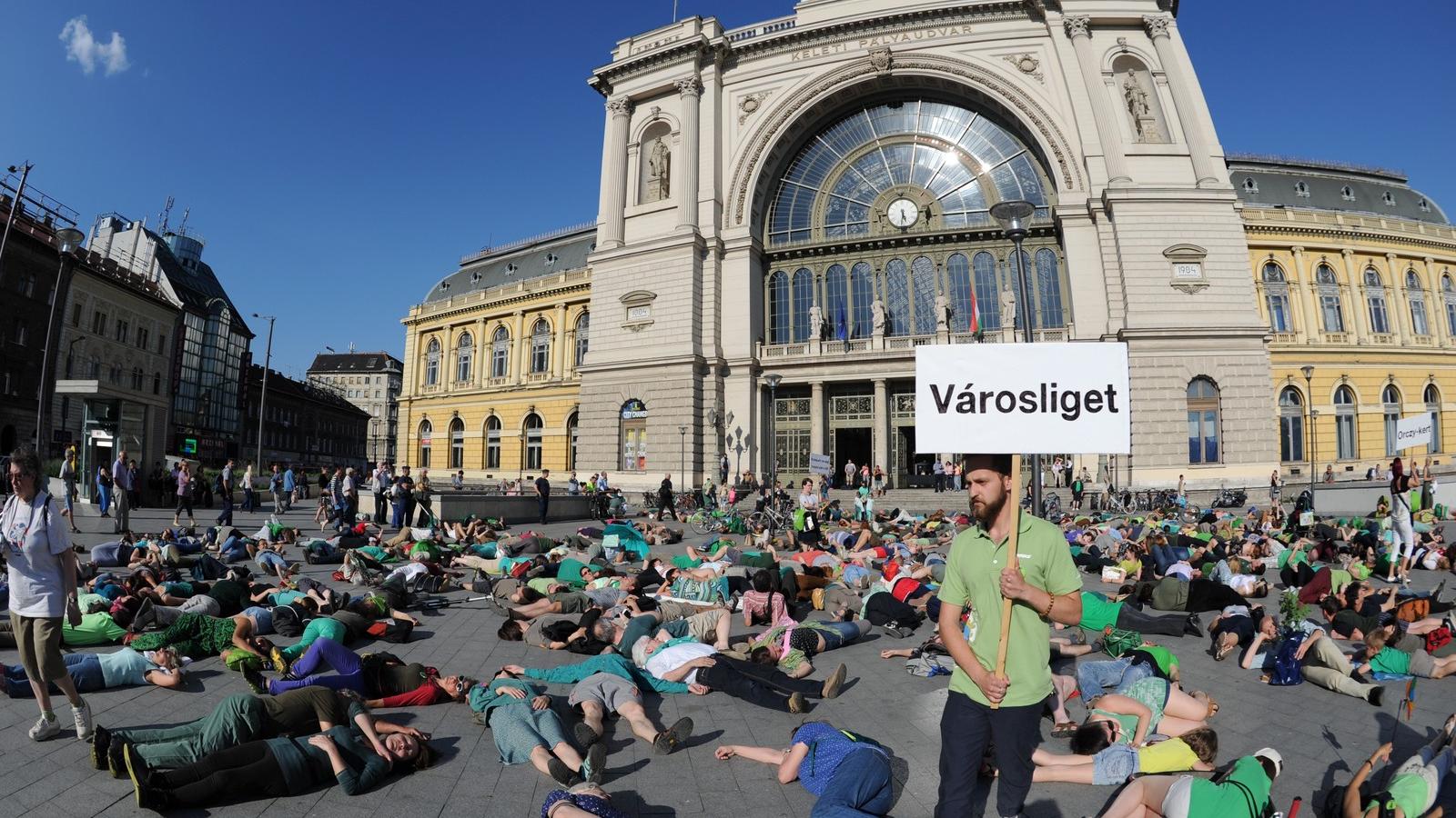 A földre feküdt aktivisták a kivágott fákat szimbolizálták a Greenpeace által szervezett flashmobon a Keleti pályaudvarnál FOTÓ: